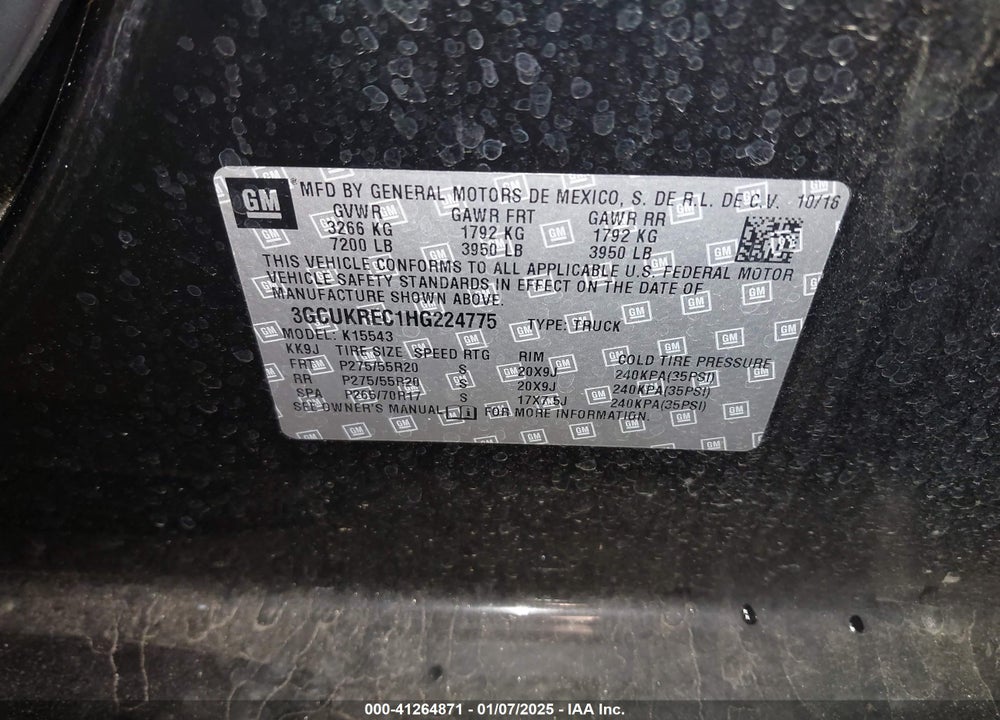 2017 CHEVROLET SILVERADO VIN: 3GCUKREC1HG224775