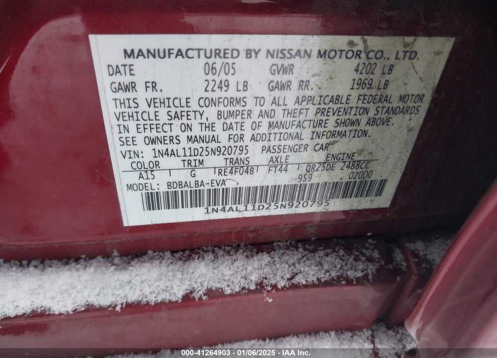 2005 NISSAN ALTIMA 2.5 S VIN: 1N4AL11D25N920795