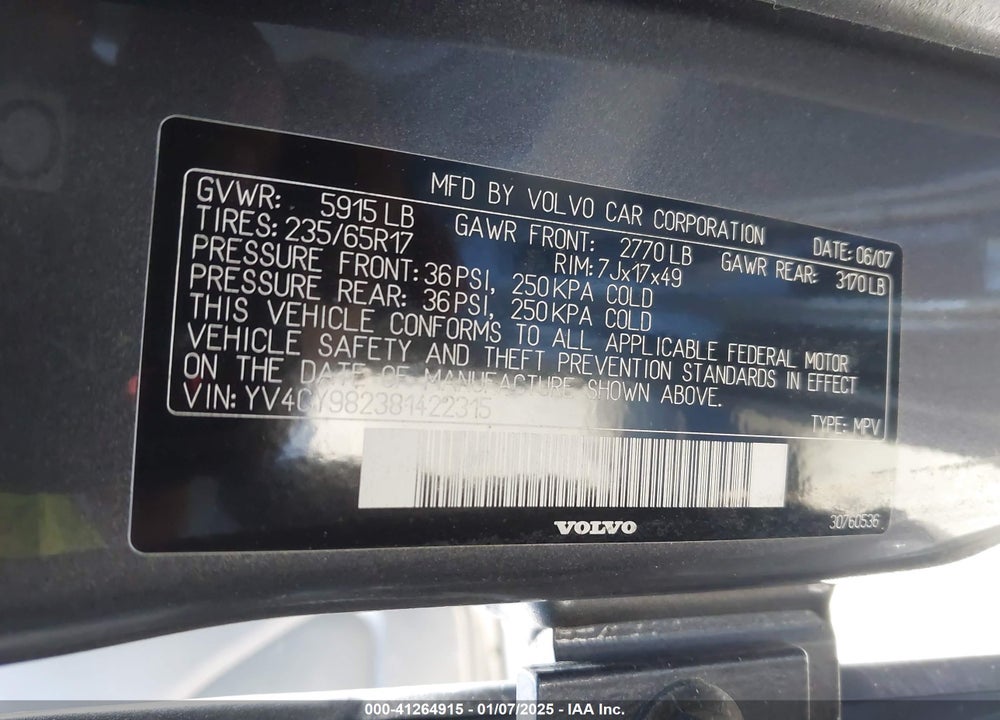 2008 VOLVO XC90 3.2 VIN: YV4CY982381422315