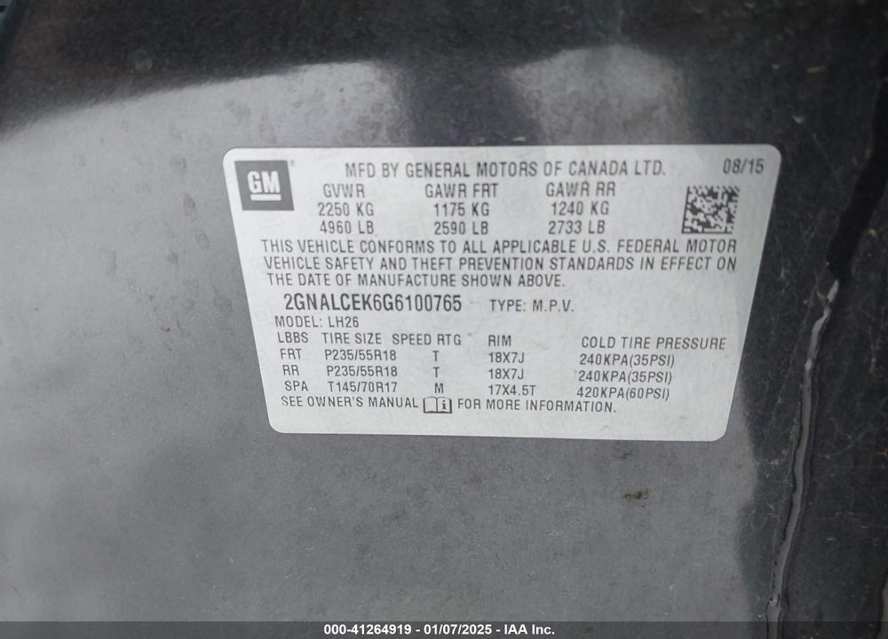 2016 CHEVROLET EQUINOX LT VIN: 2GNALCEK6G6100765