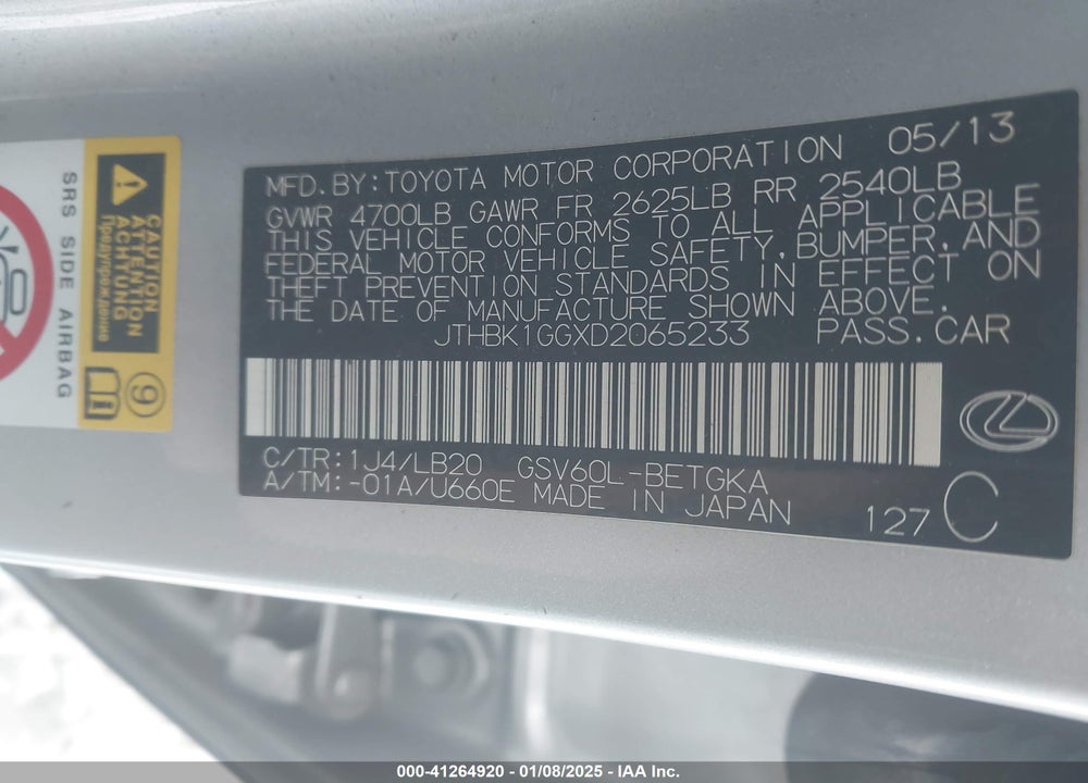 2013 LEXUS ES 350 VIN: JTHBK1GGXD2065233