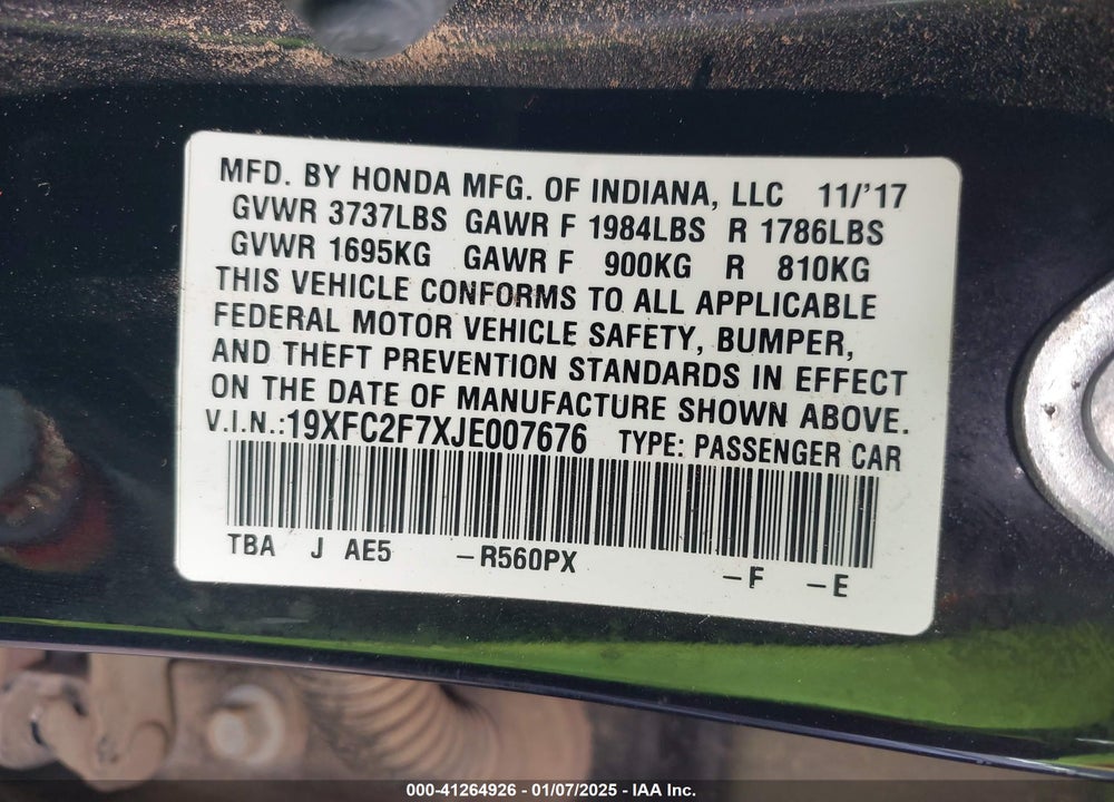 2018 HONDA CIVIC VIN: 19XFC2F7XJE007676