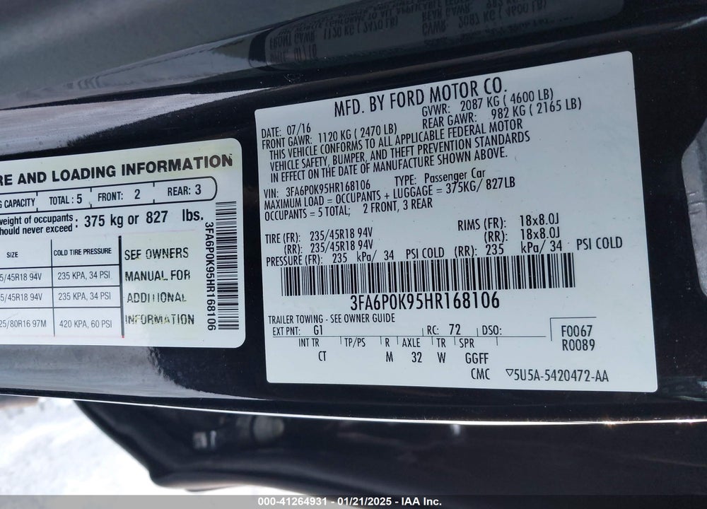 2017 FORD FUSION VIN: 3FA6P0K95HR168106