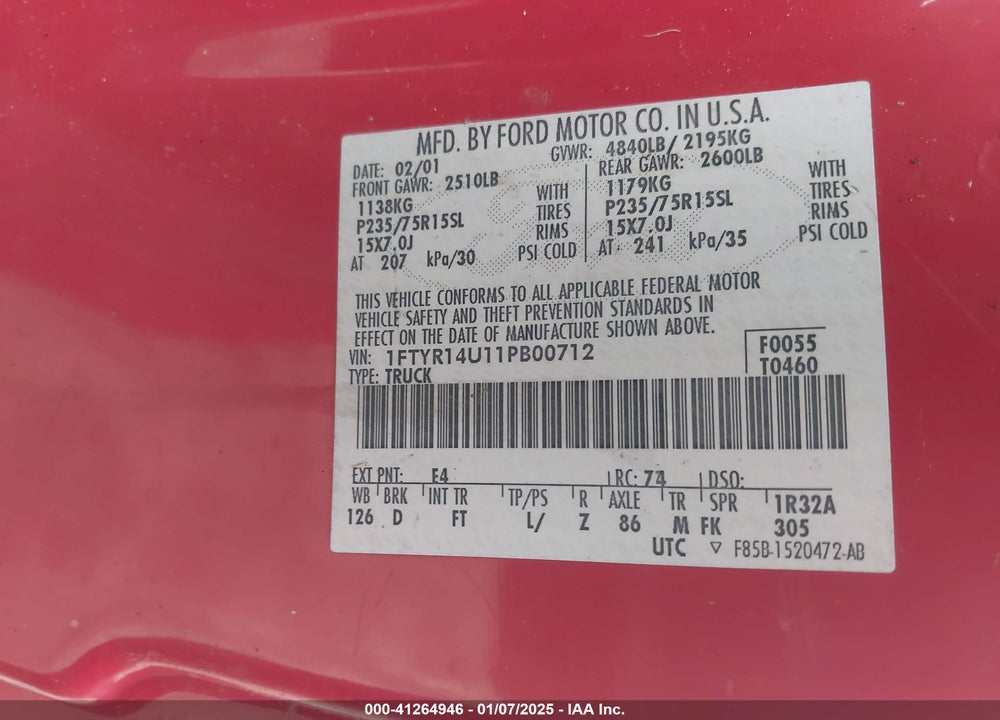2001 FORD RANGER EDGE/XL/XLT VIN: 1FTYR14U11PB00712