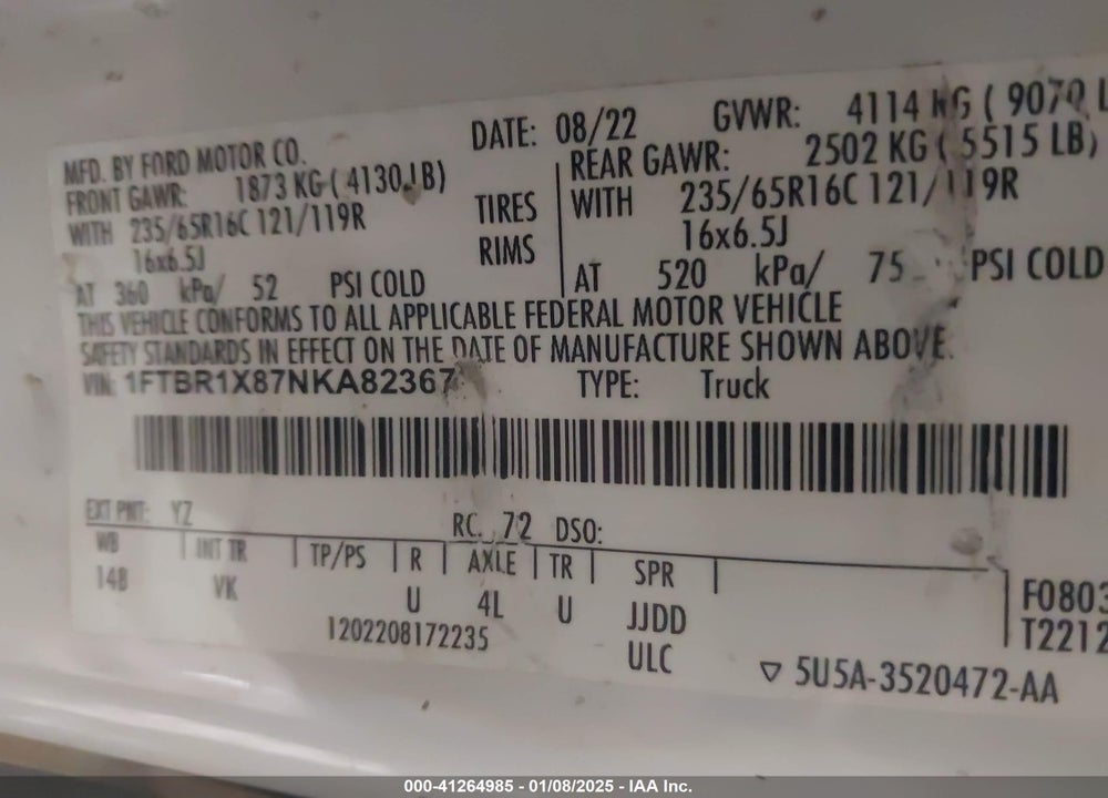 2022 FORD TRANSIT-250 VIN: 1FTBR1X87NKA82367