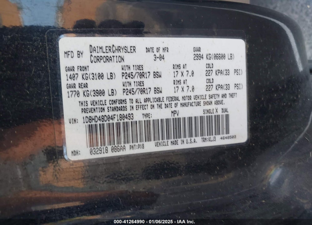 2004 DODGE DURANGO SLT VIN: 1D8HD48D04F180493