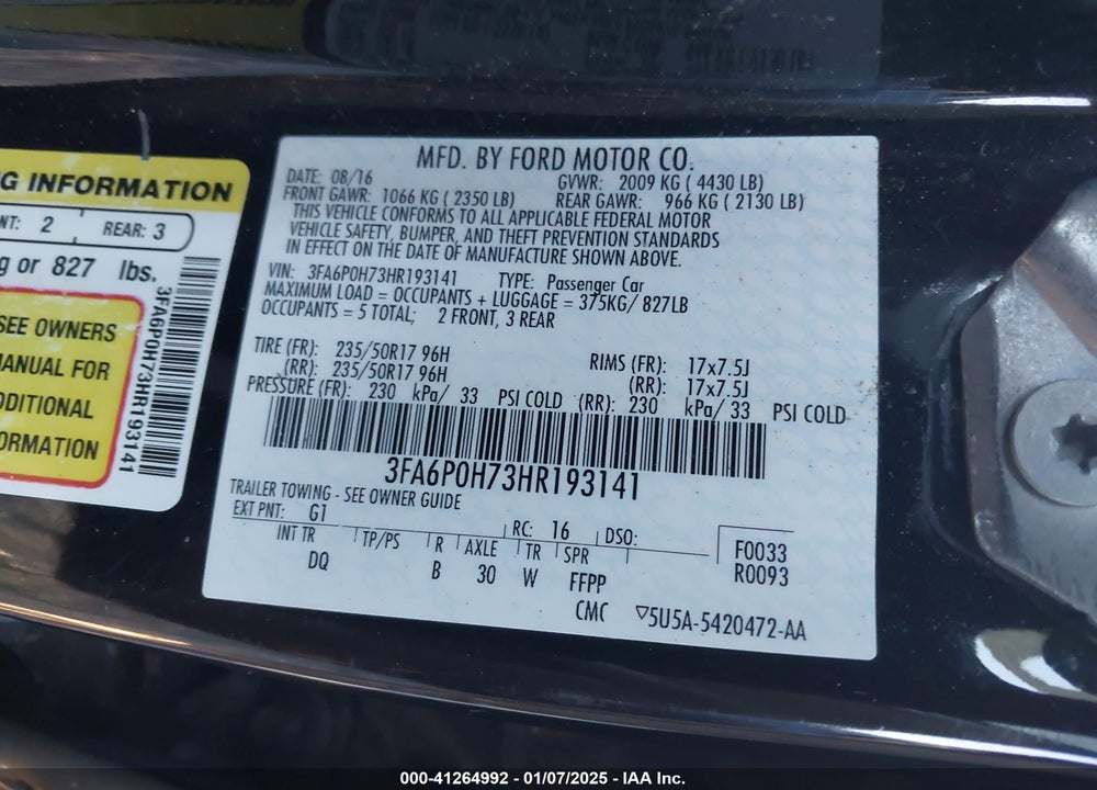 2017 FORD FUSION VIN: 3FA6P0H73HR193141