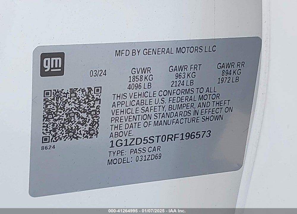 2024 CHEVROLET MALIBU FWD 1LT VIN: 1G1ZD5ST0RF196573
