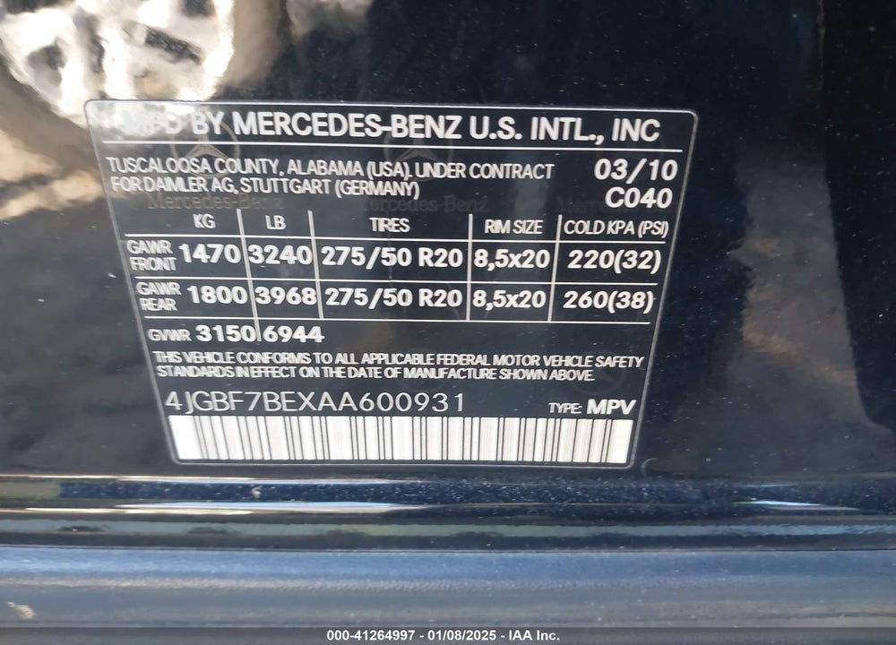 2010 MERCEDES-BENZ GL 450 VIN: 4JGBF7BEXAA600931