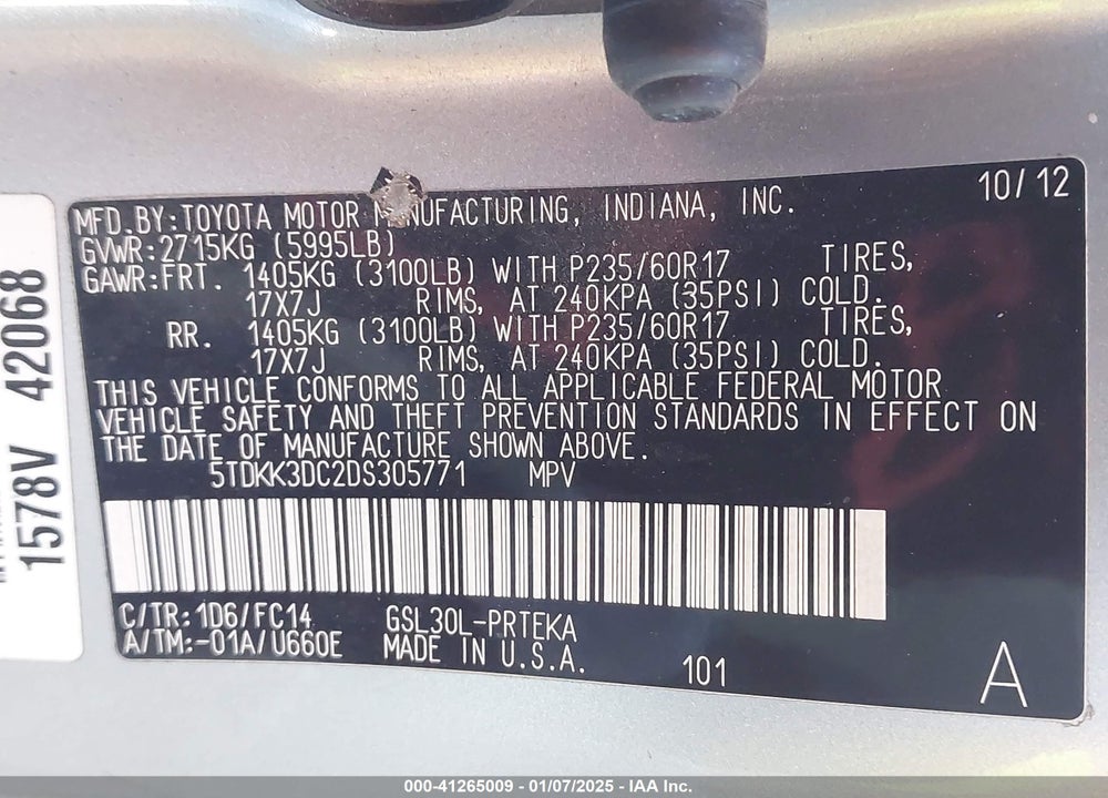 2013 TOYOTA SIENNA LE VIN: 5TDKK3DC2DS305771