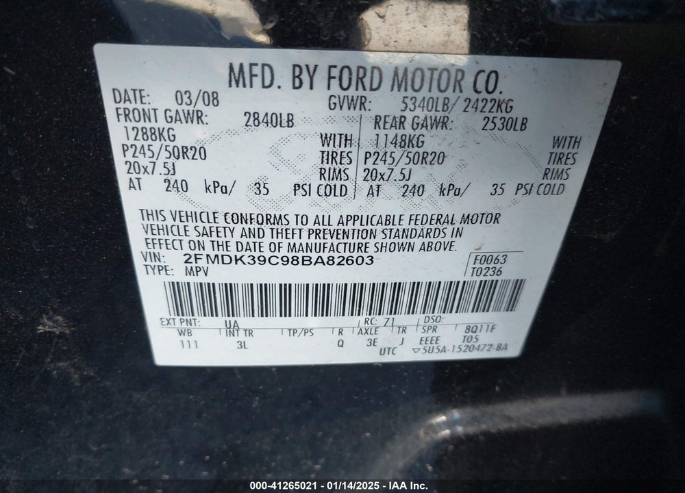 2008 FORD EDGE VIN: 2FMDK39C98BA82603