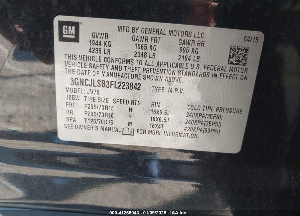 2015 CHEVROLET TRAX LT VIN: 3GNCJLSB3FL223842