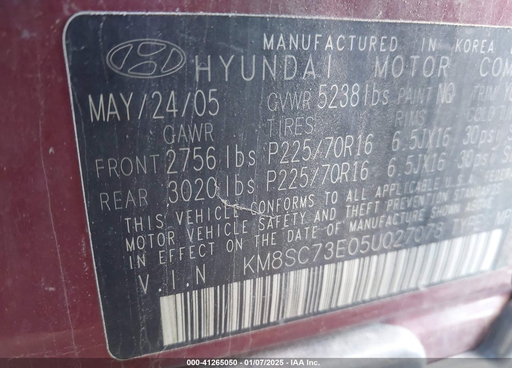 2005 HYUNDAI SANTA FE GLS/LX VIN: KM8SC73E05U027078