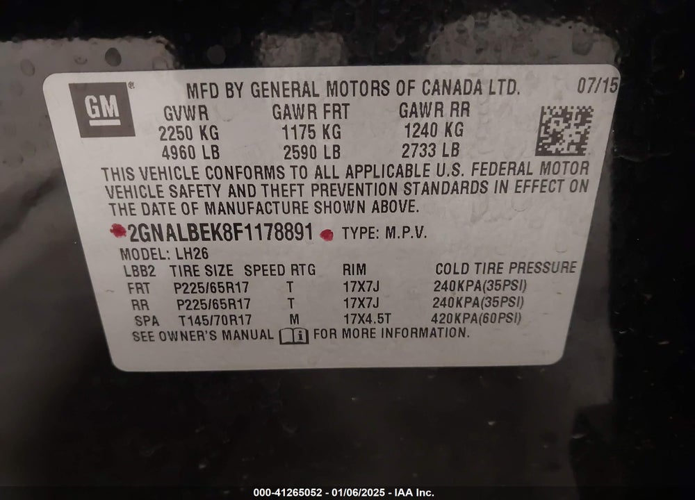 2015 CHEVROLET EQUINOX 1LT VIN: 2GNALBEK8F1178891