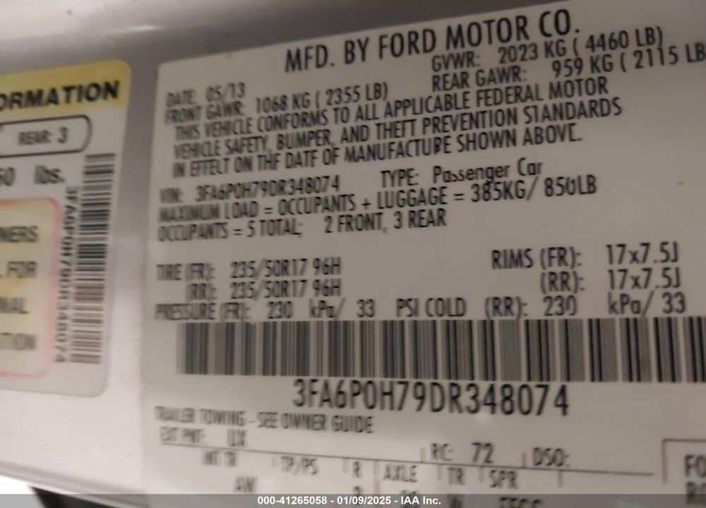 2013 FORD FUSION VIN: 3FA6P0H79DR348074