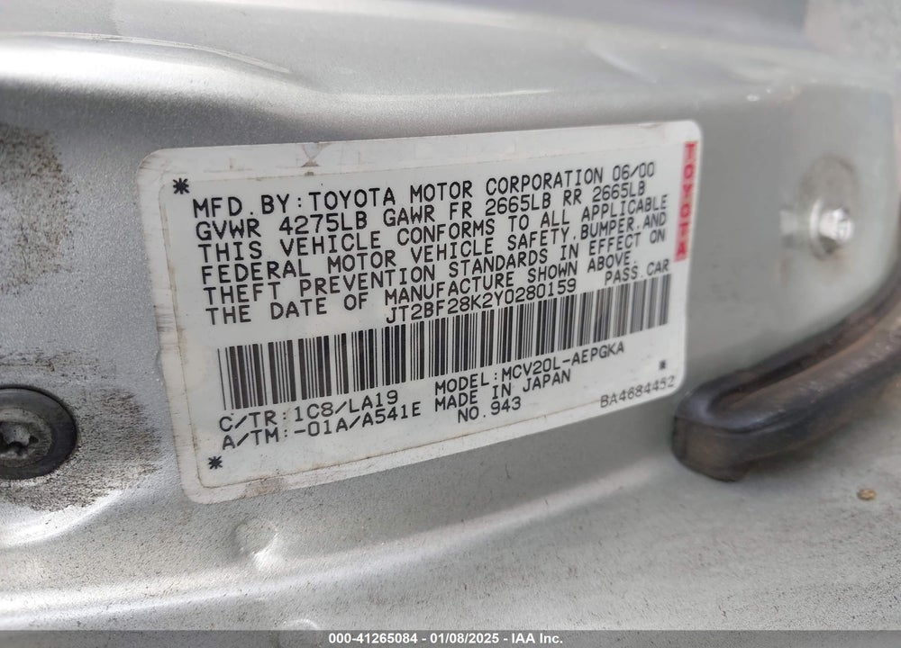 2000 TOYOTA CAMRY LE V6/XLE V6 VIN: JT2BF28K2Y0280159
