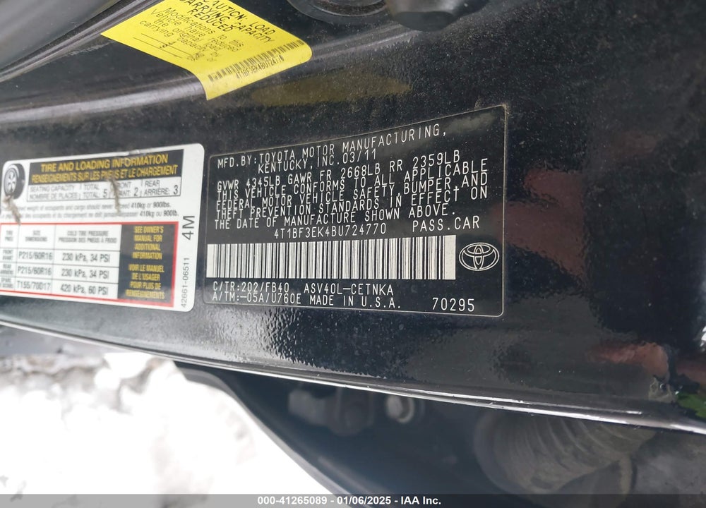 2011 TOYOTA CAMRY LE VIN: 4T1BF3EK4BU724770