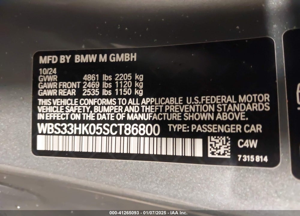 2025 BMW M4 VIN: WBS33HK05SCT86800