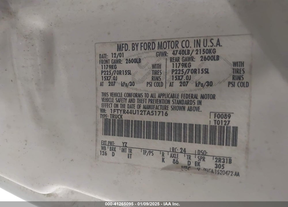 2002 FORD RANGER EDGE/TREMOR/XLT VIN: 1FTYR44U12TA51716