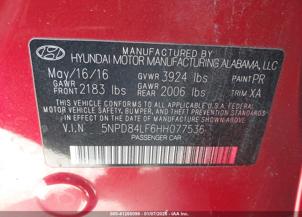 2017 HYUNDAI ELANTRA VIN: 5NPD84LF6HH077536