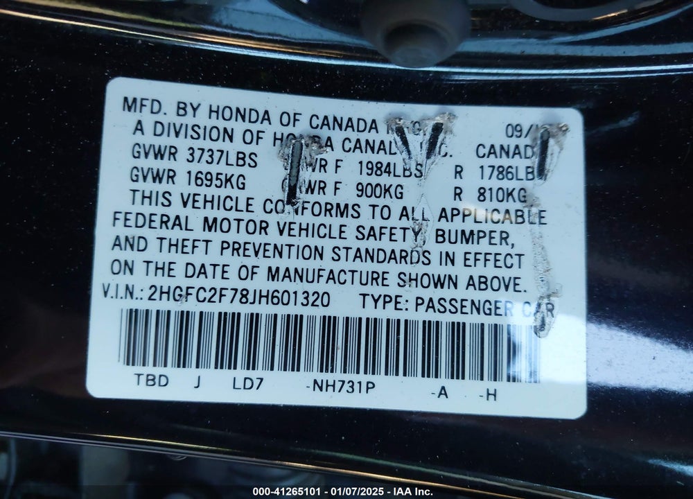2018 HONDA CIVIC VIN: 2HGFC2F78JH601320