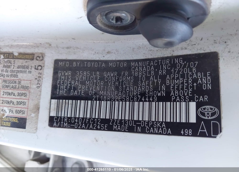 2008 TOYOTA COROLLA VIN: 2T1BR32E58C874449