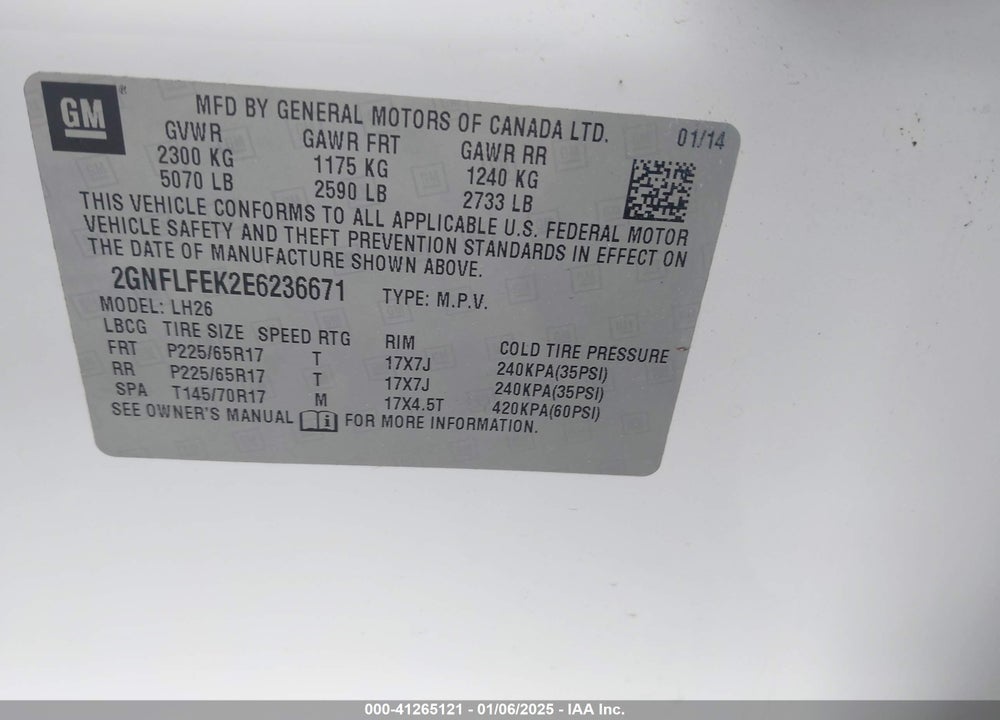2014 CHEVROLET EQUINOX 1LT VIN: 2GNFLFEK2E6236671