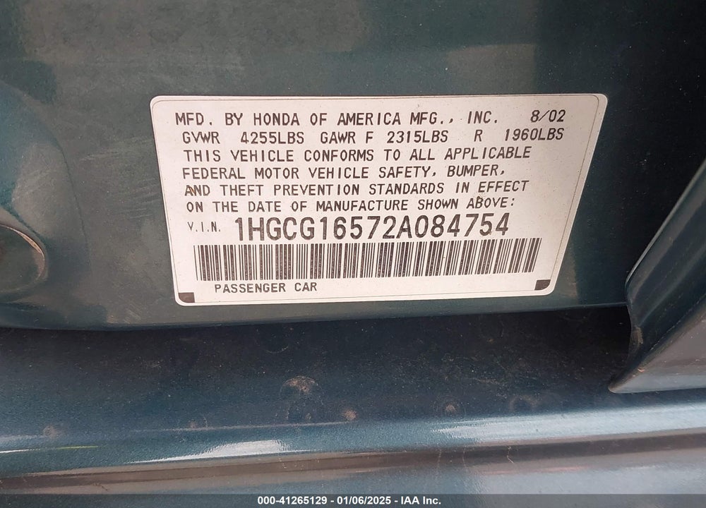 2002 HONDA ACCORD 3.0 EX VIN: 1HGCG16572A084754