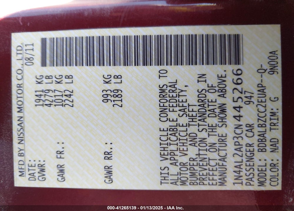 2012 NISSAN ALTIMA VIN: 1N4AL2AP3CN445266