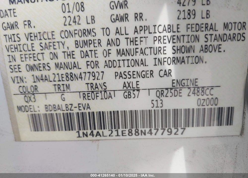 2008 NISSAN ALTIMA VIN: 1N4AL21E88N477927