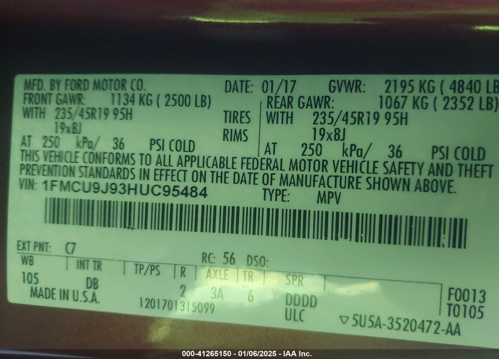 2017 FORD ESCAPE TITANIUM VIN: 1FMCU9J93HUC95484