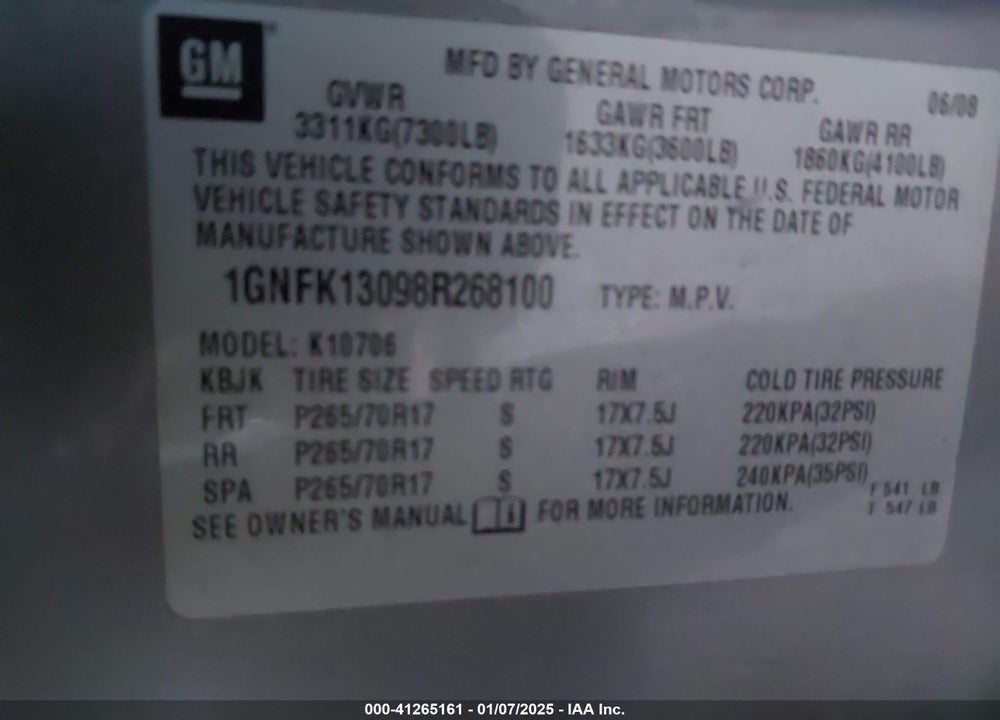 2008 CHEVROLET TAHOE LT VIN: 1GNFK13098R268100