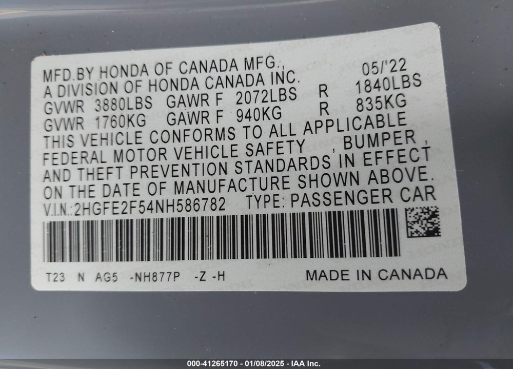 2022 HONDA CIVIC VIN: 2HGFE2F54NH586782