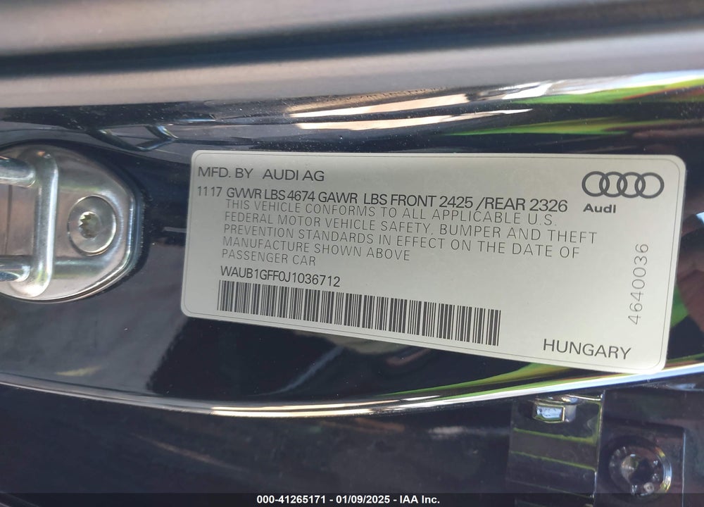 2018 AUDI S3 VIN: WAUB1GFF0J1036712