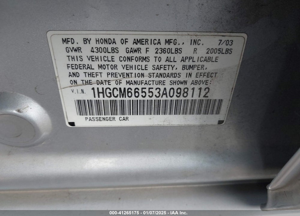 2003 HONDA ACCORD 3.0 EX VIN: 1HGCM66553A098112