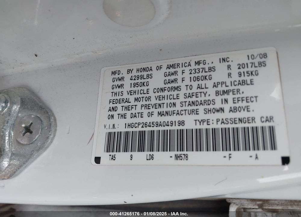 2009 HONDA ACCORD VIN: 1HGCP26459A049198