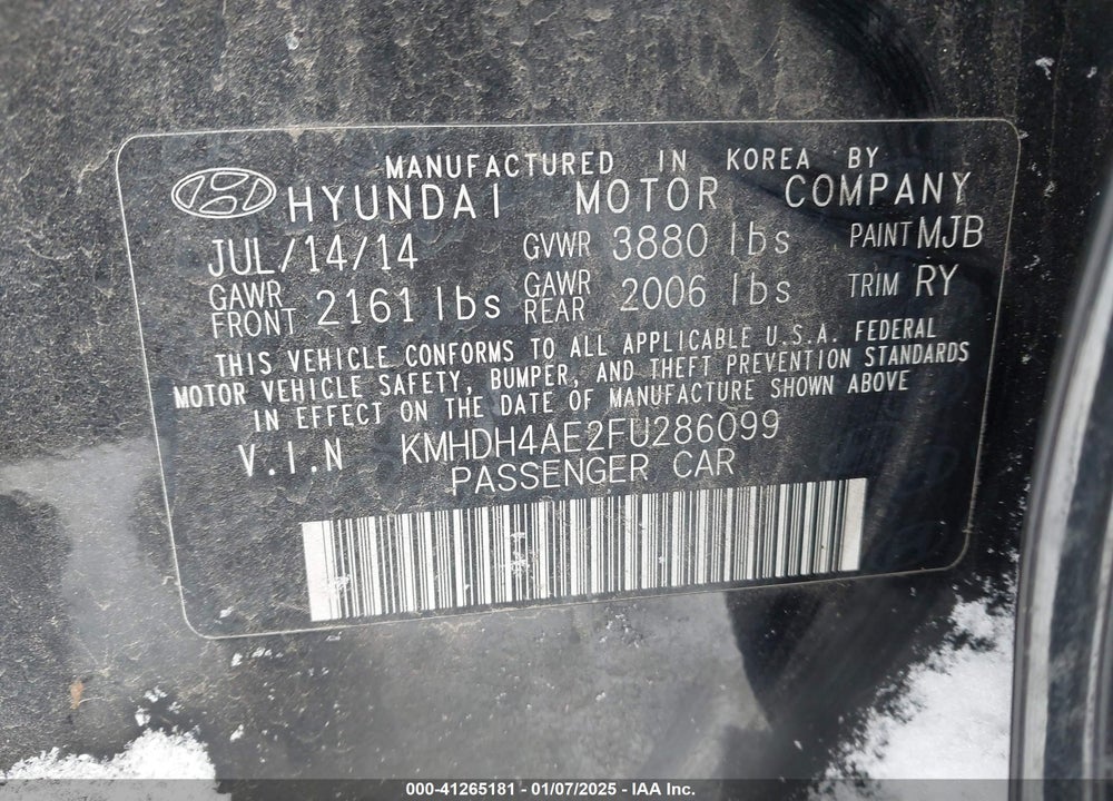 2015 HYUNDAI ELANTRA VIN: KMHDH4AE2FU286099