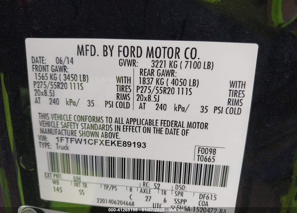 2014 FORD F-150 VIN: 1FTFW1CFXEKE89193