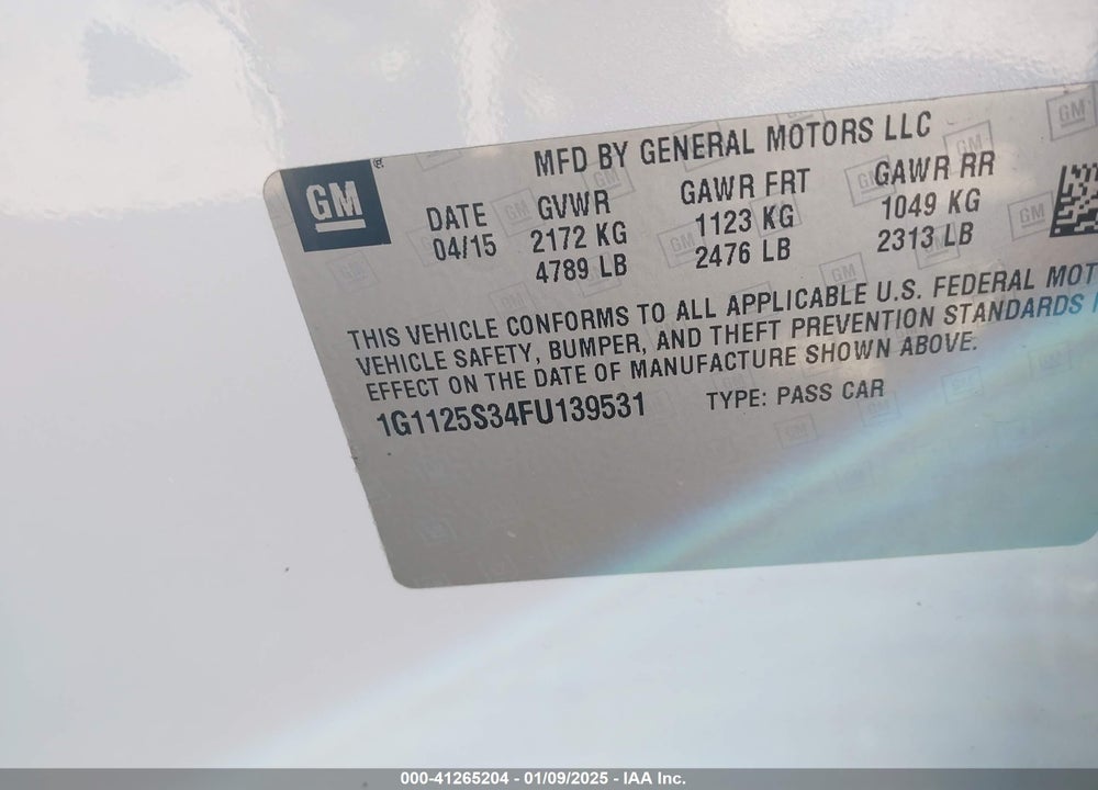 2015 CHEVROLET IMPALA VIN: 1G1125S34FU139531