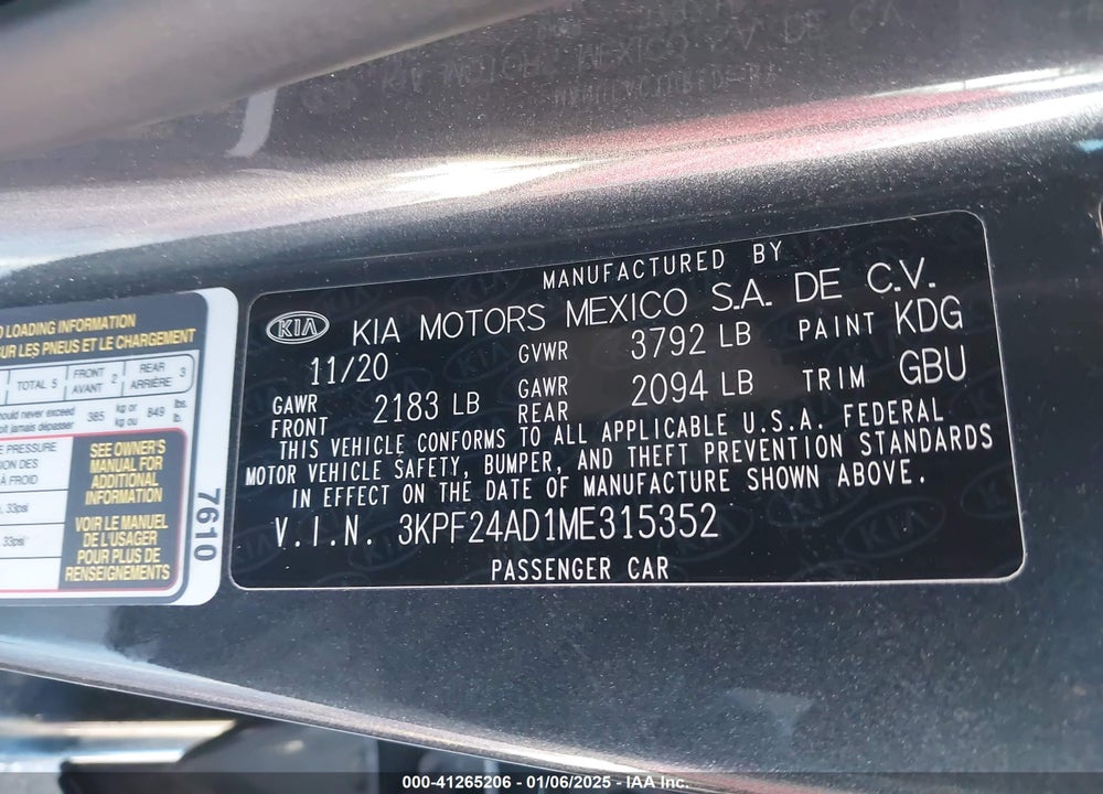 2021 KIA FORTE LXS VIN: 3KPF24AD1ME315352
