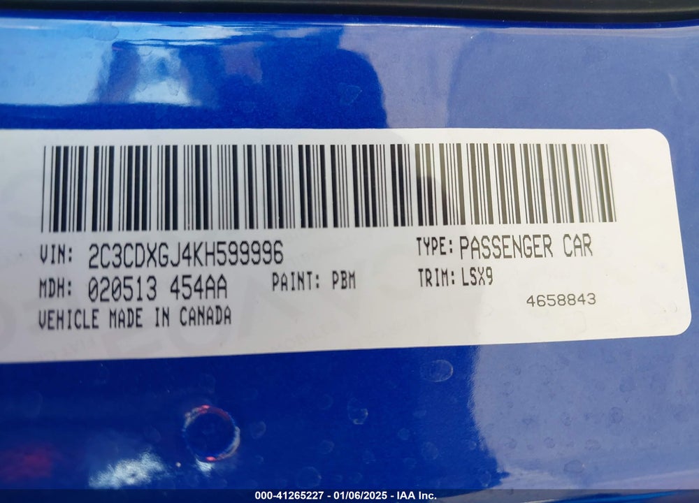 2019 DODGE CHARGER VIN: 2C3CDXGJ4KH599996