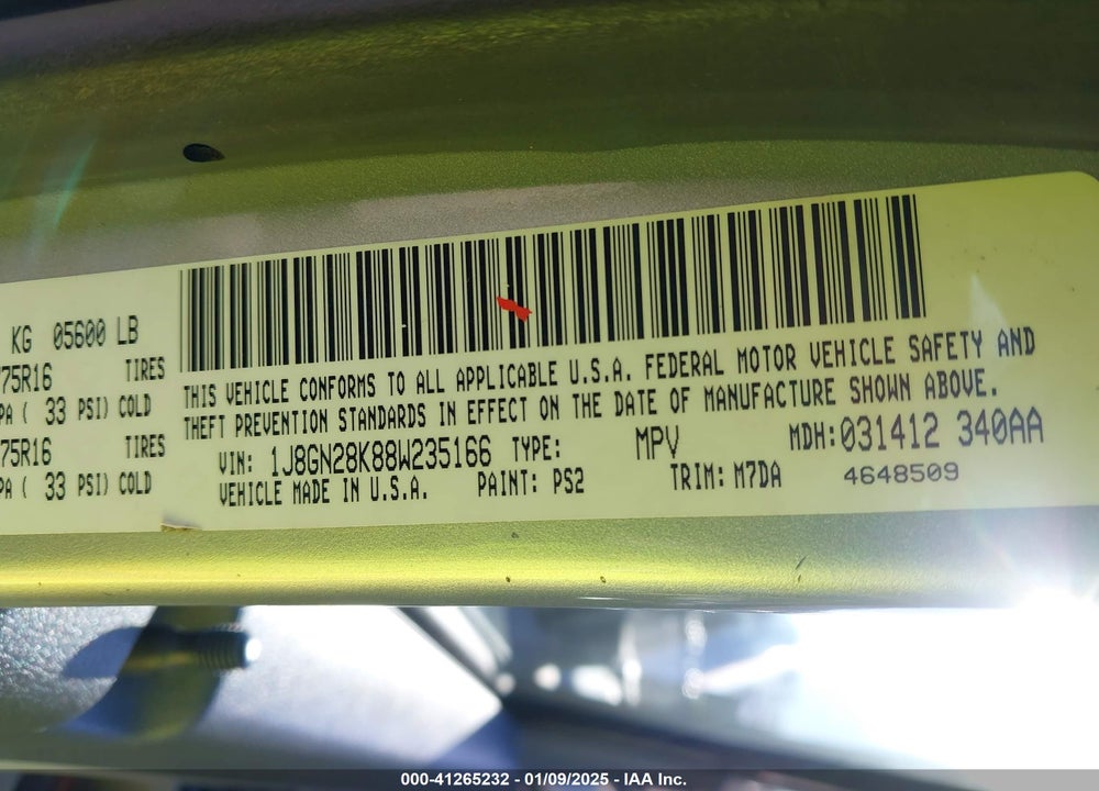 2008 JEEP LIBERTY VIN: 1J8GN28K88W235166