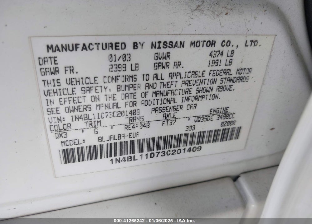 2003 NISSAN ALTIMA 3.5 SE VIN: 1N4BL11D73C201409
