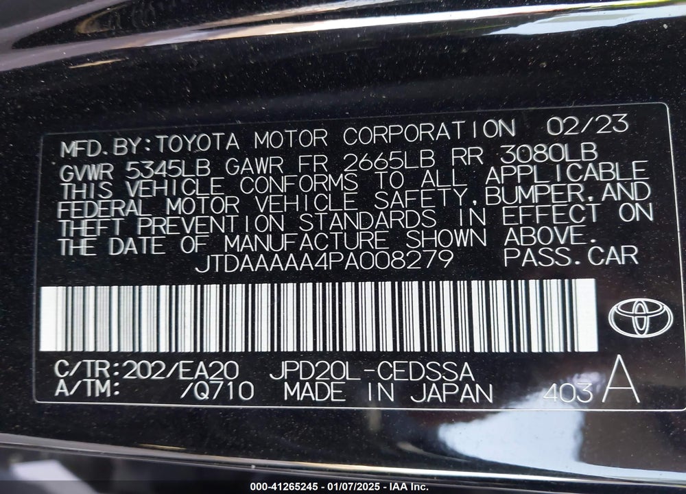 2023 TOYOTA MIRAI VIN: JTDAAAAA4PA008279