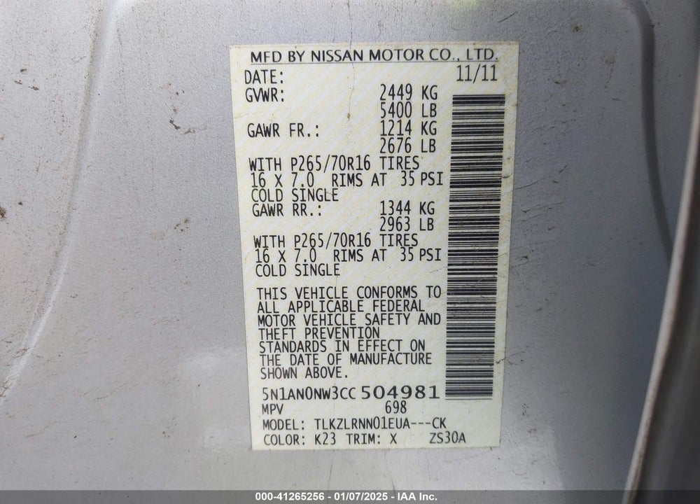 2012 NISSAN XTERRA S VIN: 5N1AN0NW3CC504981