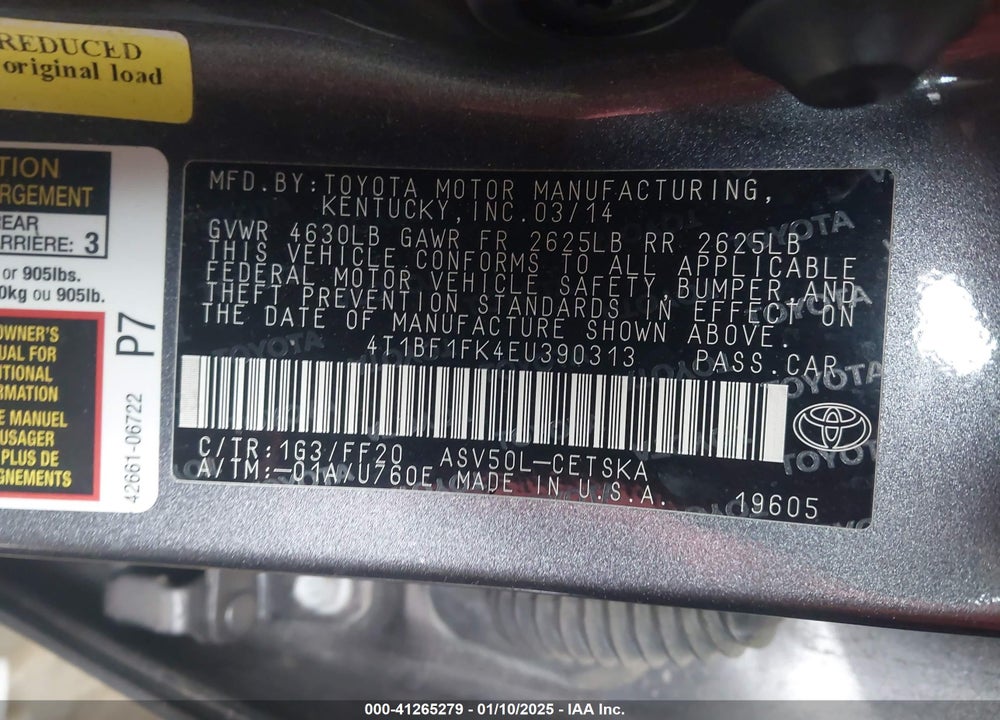 2014 TOYOTA CAMRY VIN: 4T1BF1FK4EU390313