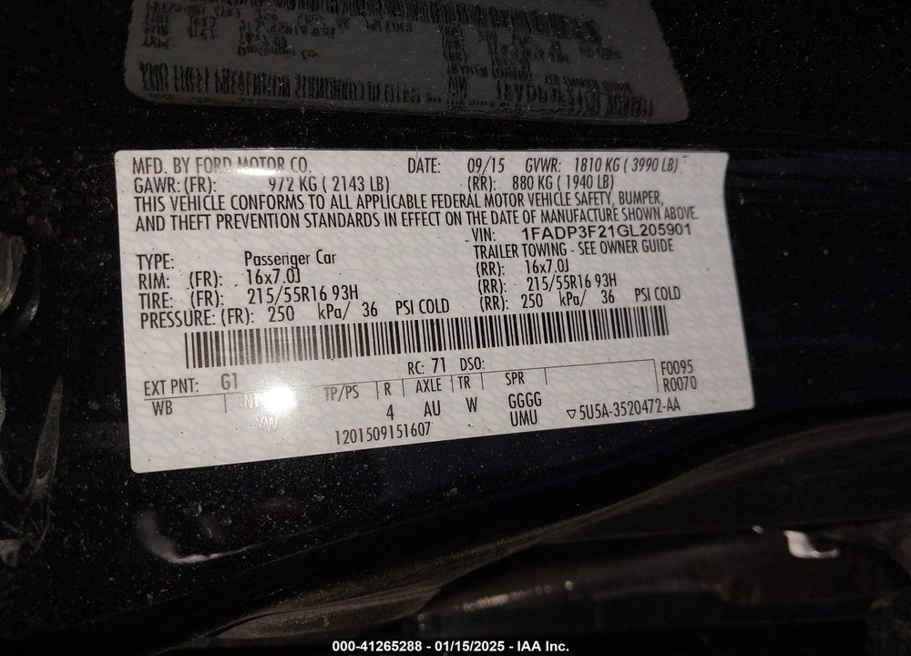 2016 FORD FOCUS SE VIN: 1FADP3F21GL205901