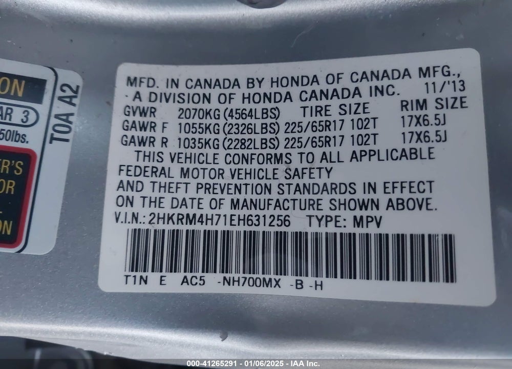 2014 HONDA CR-V EX-L VIN: 2HKRM4H71EH631256