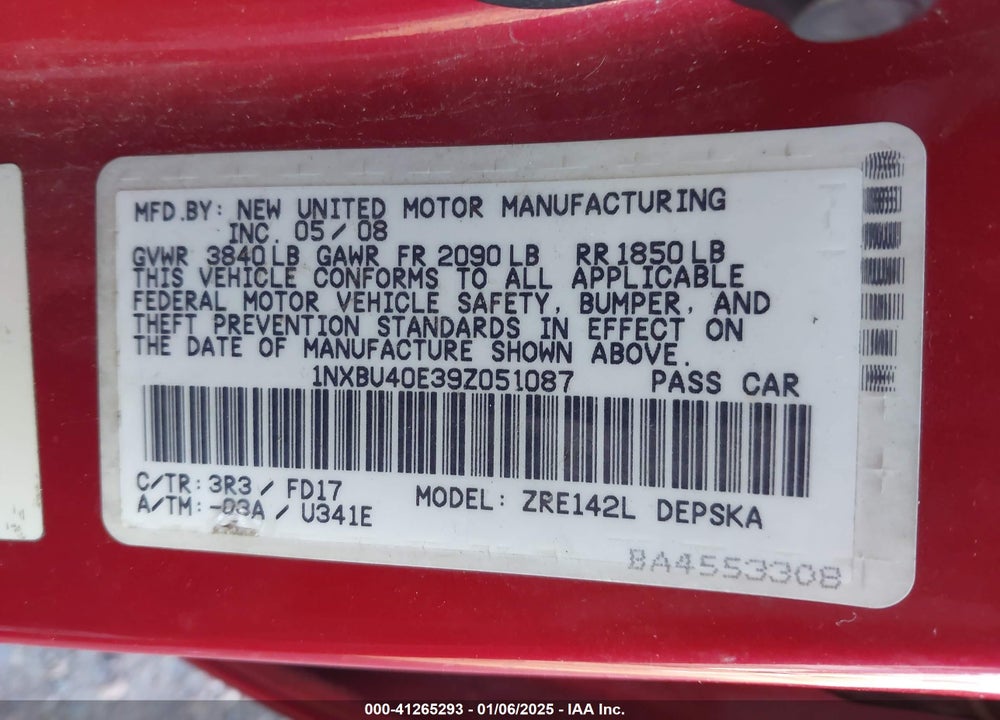 2009 TOYOTA COROLLA VIN: 1NXBU40E39Z051087