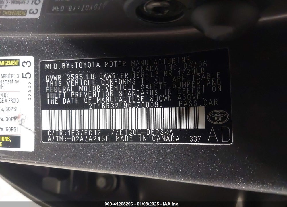 2006 TOYOTA COROLLA S VIN: 2T1BR32E96C700090